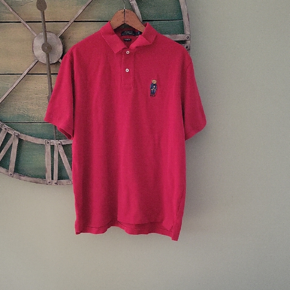 Polo by Ralph Lauren Red Classic Fit Bear Wearing Flag Sweater Short Sleeve Polo
